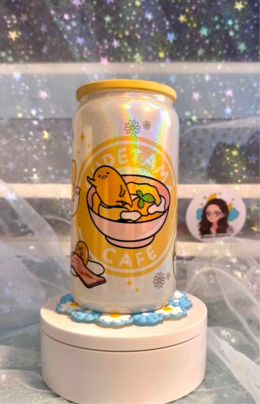 *gudetama glass cup with straw and lid*